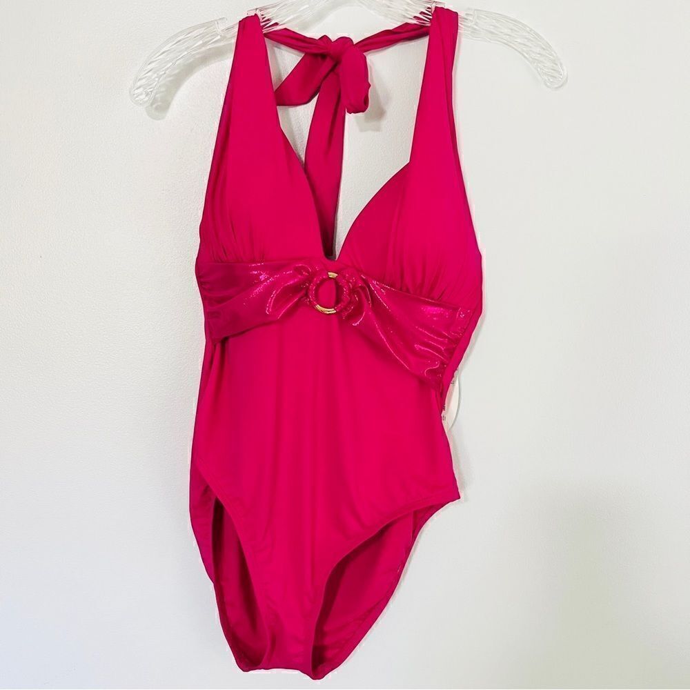 NWT New Mynah One Piece Halter Swimsuit Magenta Faux Belt Small Pink
